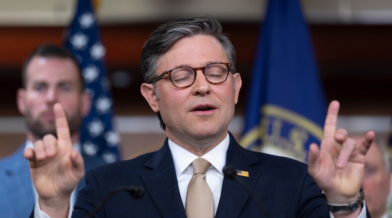 Speaker of the House Mike Johnson takes questions at a news conference following a closed-door GOP meeting at the Capitol in Washington, Tuesday, April 21, 2026. (AP Photo/J. Scott Applewhite)