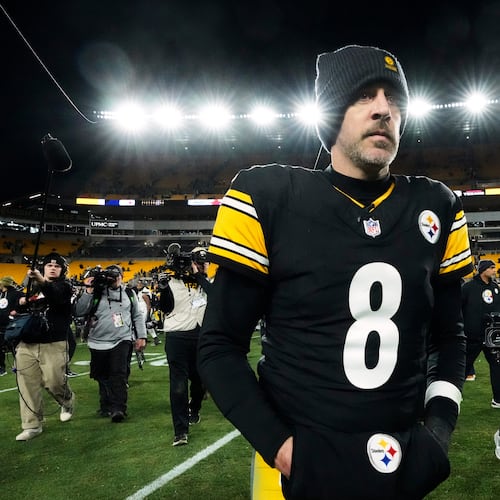 FILE - Pittsburgh Steelers quarterback Aaron Rodgers (8) leaves the field after an NFL wild-card playoff football game against the Houston Texans, Monday, Jan. 12, 2026, in Pittsburgh. (AP Photo/Gene J. Puskar,File)