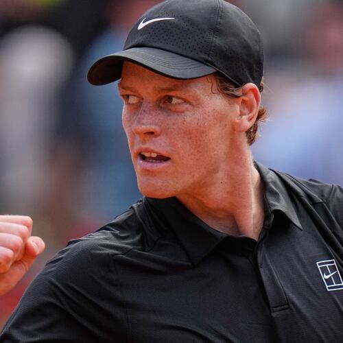 Italy's Jannik Sinner celebrates beating Italy's Andrea Pellegrino, during their match at the Italian Open tennis tournament in Rome, Tuesday, May 12, 2026. (AP Photo/Alessandra Tarantino)