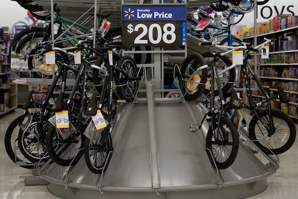 FILE - Bicycles are displayed at a Walmart, Wednesday, April 16, 2025, in Groton, Conn. (AP Photo/Julia Demaree Nikhinson, File)