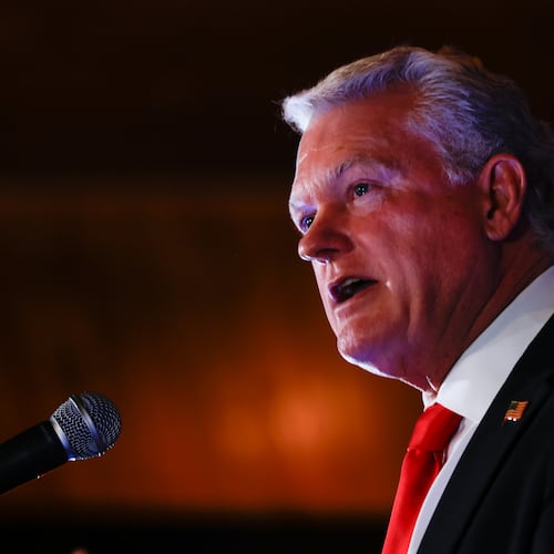 U.S. Rep. Mike Collins, R-Ga., speaks at his primary election watch party in Jackson, Ga. on Tuesday, May 19, 2026. (Arvin Temkar/Atlanta Journal-Constitution via AP)