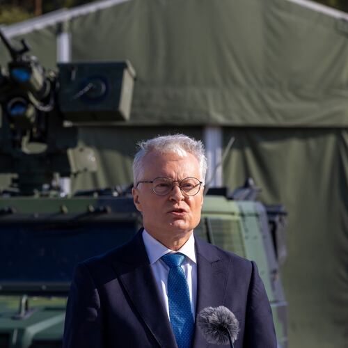 FILE - Lithuanian President Gitanas Nauseda speaks during a joint press conference with Czech Republic's President Petr Pavel during the visit to the Rukla military base some 100 kms (62.12 miles) west of the capital Vilnius, Lithuania, Friday, March 13, 2026. (AP Photo/Mindaugas Kulbis, File)