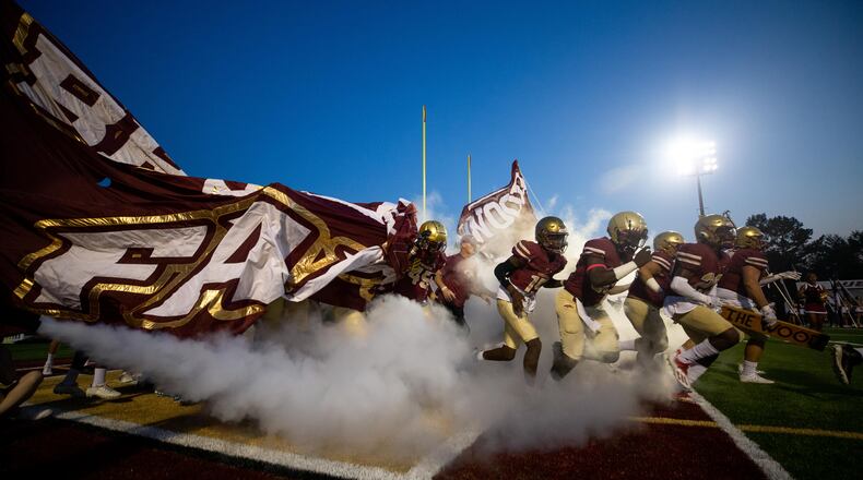 Brookwood players take the field during a GHSA high school football game between Mountain View and Brookwood at Brookwood High School in Snellville, GA., on Friday, Oct. 1, 2021. (Photo/Jenn Finch)
