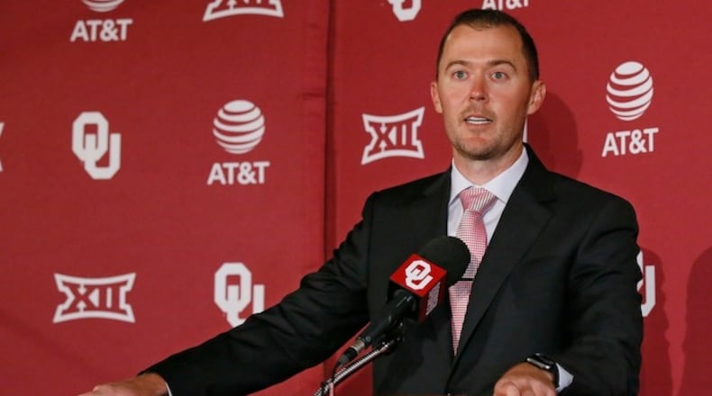 In this Wednesday, June 7, 2017 photo, Lincoln Riley speaks at a news conference where he was announced as Oklahoma's football coach in Norman, Okla. Oklahoma's Board of Regents formally approved Riley's hiring during a meeting Tuesday, June 20. (AP Photo/Sue Ogrocki)