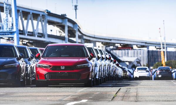 This photo shows vehicles bound for foreign countries at Daikoku Pier in Yokohama near Tokyo, March 7, 2025. (Motoshi Ogura/Kyodo News via AP)