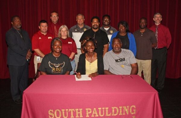 South Paulding senior sprinter Tionna Fant (middle, seated) signed with Kennesaw State this week.
