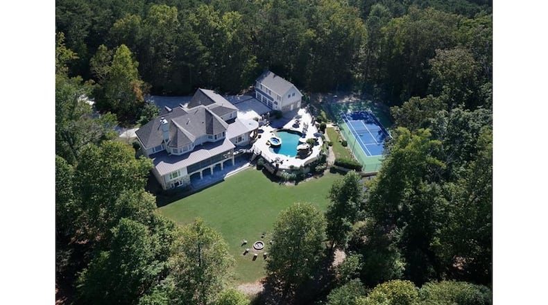 An aerial view of the 10,000-square-foot mansion that sits on 10 acres at 1049 Acworth Due West Road in Kennesaw.