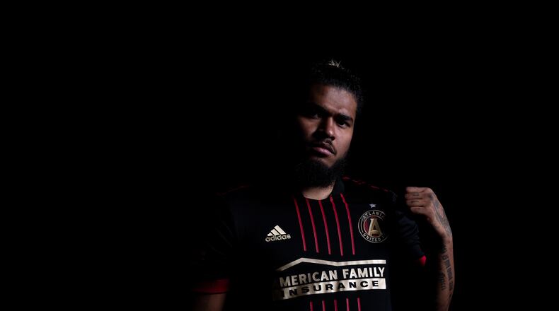 Atlanta United forward Josef Martinez poses in the new 2021 primary kit at Children's Healthcare of Atlanta Training Ground in Marietta on Tuesday January 26, 2021. (Photo by Jacob Gonzalez/Atlanta United)