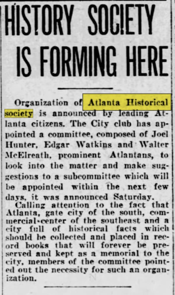 A newspaper clip from April 11, 1926, in the Atlanta Constitution announces the formation of the Atlanta Historical Society. (Courtesy of the Atlanta Constitution Archives)