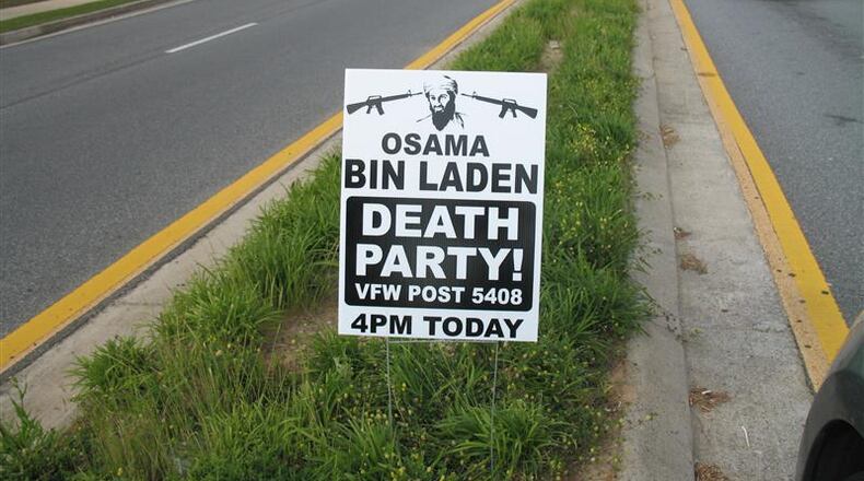 VFW Post 5408 in Acworth posted signs along the road advertising an “Osama bin Laden Death Party” Monday evening. Bin Laden’s death is a “touchdown” for America, said Post Cmdr. Steve Grillo.
