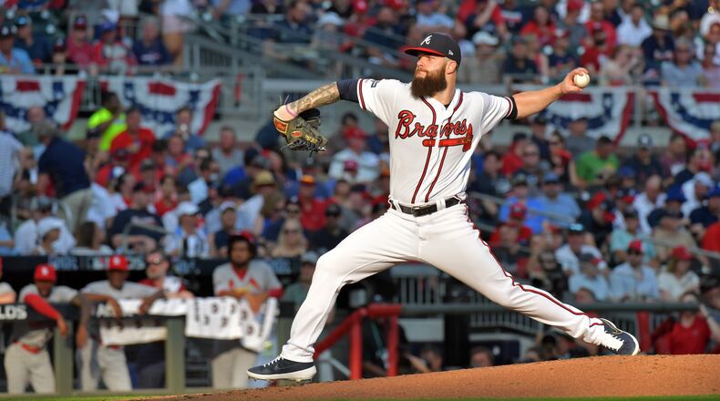 Braves starting pitcher Dallas Keuchel deals in the second inning in Game One of the National League Division Series against St. Louis. (Hyosub Shin / Hyosub.Shin@ajc.com)
