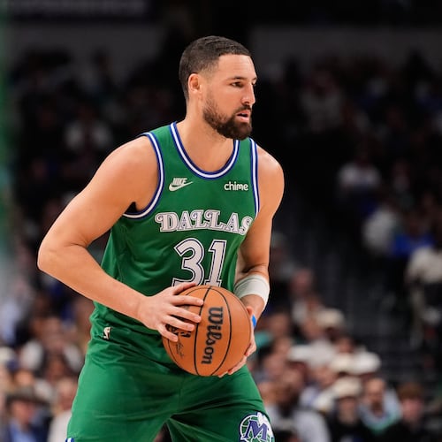 FILE - Dallas Mavericks guard Klay Thompson handles the ball during an NBA basketball game against the Atlanta Hawks in Dallas, March 18, 2026. (AP Photo/Tony Gutierrez, File)