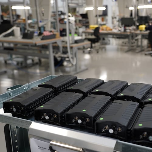 Assembled counter drone devices sit on a try at MyDefence's headquarters in Alborg, Denmark, on Oct. 28, 2025. (AP Photo/James Brooks)