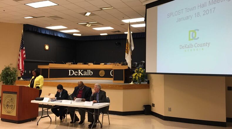 DeKalb Commissioner Mereda Davis Johnson leads a town hall discussion Wednesday at the Maloof Auditorium in Decatur about proposals for the county to create a special purpose local option sales tax (SPLOST). Seated are DeKalb Chief Operating Officer for Development Luz Borrero and the chairmen of a citizen panel, Markus Butts and David Sjoquist, that recommended spending priorities for the SPLOST. MARK NIESSE / MARK.NIESSE@AJC.COM
