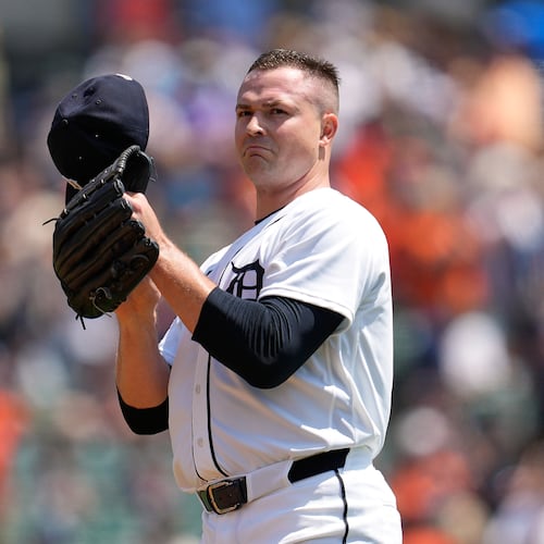 Detroit Tigers pitcher Tarik Skubal tips his hat after his 1,000th career strikeout during the first inning of a baseball game against the Baltimore Orioles Wednesday, July 29, 2026, in Detroit. (AP Photo/Paul Sancya)
