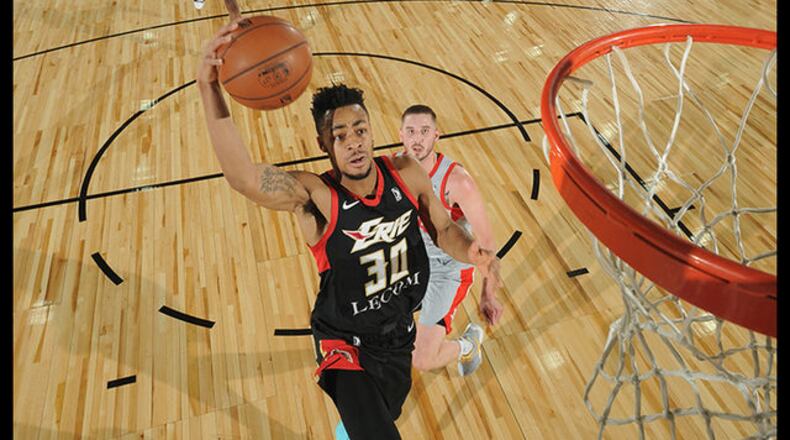Jaylen Morris of the Erie BayHawks goes to the basket against the Rio Grande Valley Vipers during NBA G League Showcase Game 21 on Jan. 12, 2018, at the Hershey Centre in Mississauga, Ontario Canada.