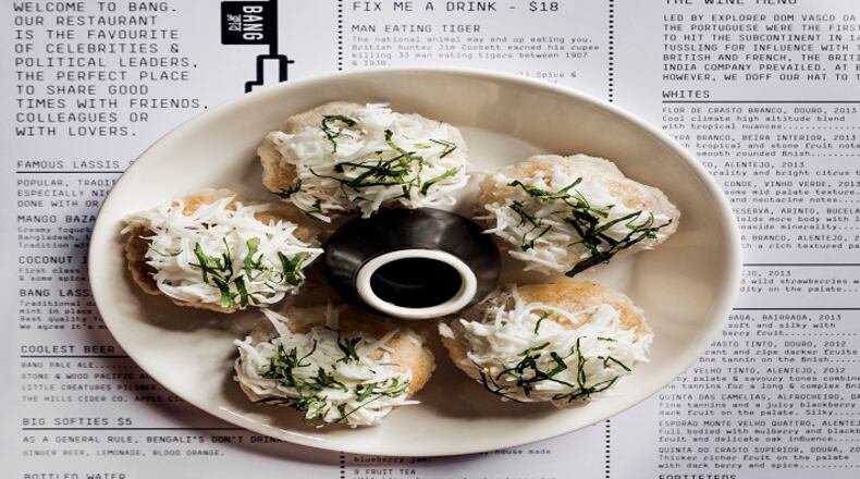 -- PHOTO MOVED IN ADVANCE AND NOT FOR USE - ONLINE OR IN PRINT - BEFORE JAN. 3, 2016. -- In an undated handout photo, a dish at Bang in Sydney. Though the menu at the restaurant states it is a “favourite of celebrities,” the real stars are on the plates in the form of Bangladeshi street foods with a twist. (Michael Wee via The New York Times) -- NO SALES; FOR EDITORIAL USE ONLY WITH SYDNEY RESTAURANT ADV03 BY JOHN SEARLES FOR JAN 3, 2016. ALL OTHER USE PROHIBITED. --