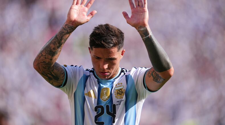 FILE - Argentina's Enzo Fernandez leaves the match after receiving a red card during the World Cup final soccer match between Spain and Argentina in East Rutherford, N.J., near New York, Sunday, July 19, 2026. (AP Photo/Abbie Parr,File)