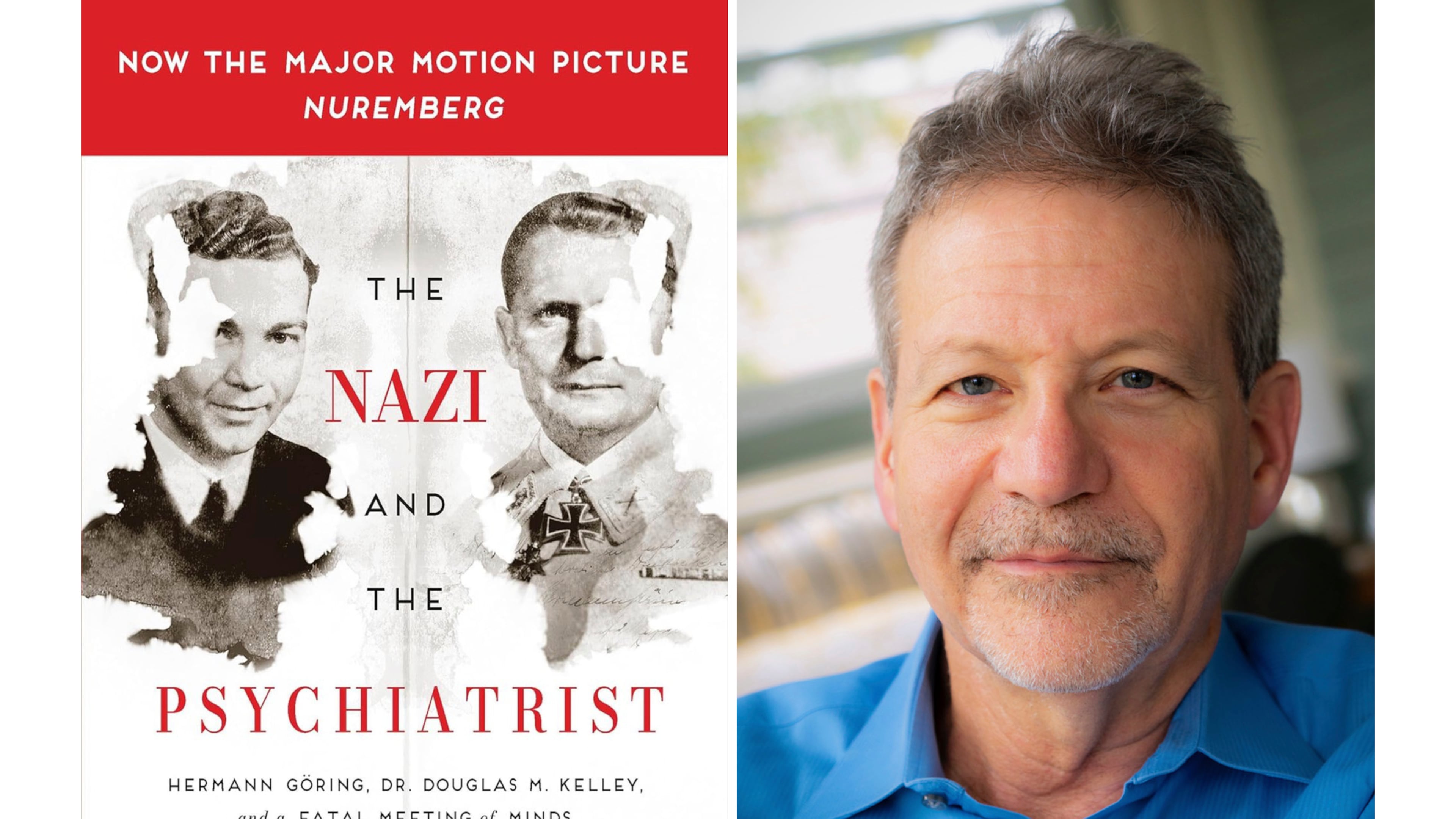 This combination of images shows cover art for "The Nazi and the Psychiatrist: Hermann Göring, Dr. Douglas M. Kelley, and a Fatal Meeting of Minds at the End of WWII," left, and a photo of author Jack El-Hai. (Public Affairs via AP, left, and Craig Perman via AP)