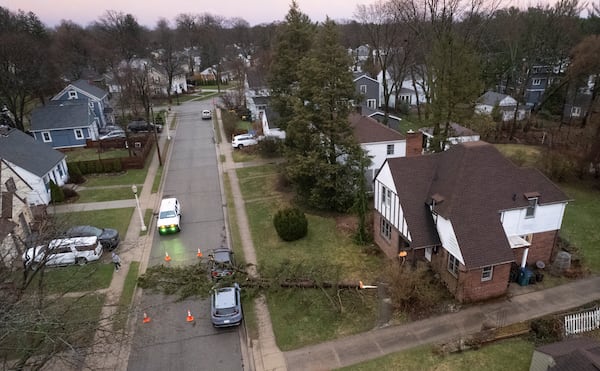 A tree lies fallen between two vehicles at a residence near the intersection of Beech Street and Division Street on Sunday, March 30, 2025, after severe thunderstorms and high winds in East Lansing, Mich. (Arthur H. Trickett-Wile/MLive.com/The Grand Rapids Press via AP)
