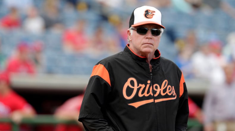 Baltimore Orioles manager Buck Showalter stands on the field before a baseball spring exhibition game against the Philadelphia Phillies, Saturday, Feb. 24, 2018, in Clearwater, Fla. (AP Photo/Lynne Sladky)