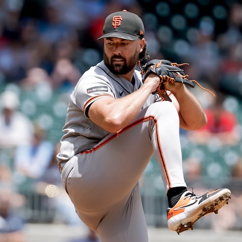 Giants pitcher Robbie Ray delivers a pitch against the Braves during the third inning Wednesday, June 17, 2026, in Atlanta. (Erik S. Lesser/AP)