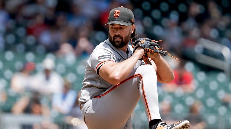 Giants pitcher Robbie Ray delivers a pitch against the Braves during the third inning Wednesday, June 17, 2026, in Atlanta. (Erik S. Lesser/AP)