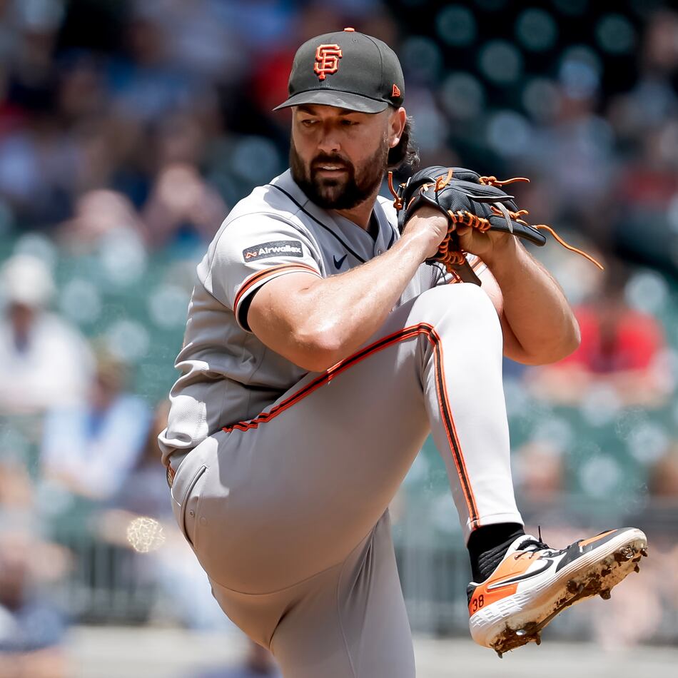 Giants pitcher Robbie Ray delivers a pitch against the Braves during the third inning Wednesday, June 17, 2026, in Atlanta. (AP Photo/Erik S. Lesser)