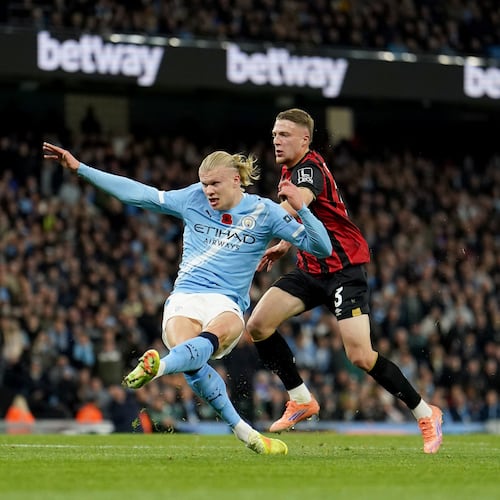 Manchester City's Erling Haaland scores his sides first goal during the English Premier League soccer match between Manchester City and Bournemouth in Manchester, England, Sunday, Nov. 2, 2025. (Martin Rickett/PA via AP)