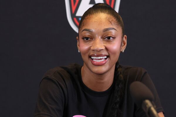 Dream forward Angel Reese speaks to members of the media before their game against the Las Vegas Aces at State Farm Arena on Monday, Aug. 3, 2026, in Atlanta. (Jason Getz/AJC)