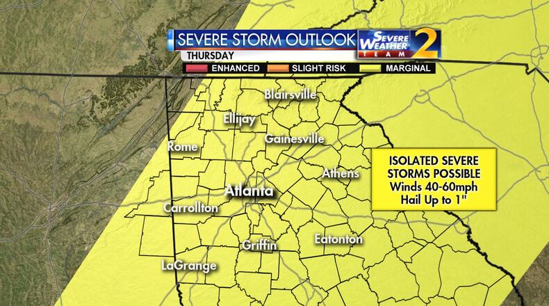 A few thunderstorms could turn severe Thursday, Channel 2 Action News meteorologist Karen Minton said.