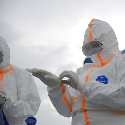 Ebola response teams organize a public demonstration to raise awareness about the Ebola virus disease in Beni, North Kivu province, eastern Congo, Tuesday, Sept. 22, 2026. (AP Photo/Sebastien Kitsa Musayi)