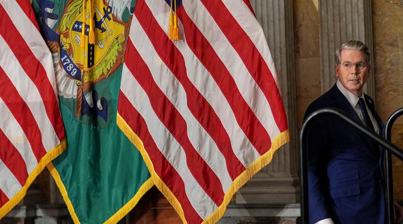 Treasury Secretary Scott Bessent arrives to speak at a news conference, Monday, Aug. 24, 2026, at the Treasury Department in Washington. (AP Photo/Julia Demaree Nikhinson)