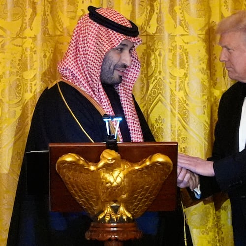 President Donald Trump shakes hands with Saudi Arabia's Crown Prince Mohammed bin Salman during a dinner in the East Room of the White House, Tuesday, Nov. 18, 2025, in Washington. (AP Photo/Alex Brandon)