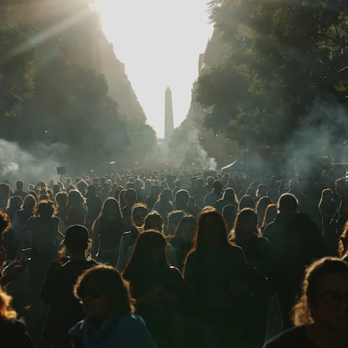 People protest to demand more funding for public universities in Buenos Aires, Argentina, Tuesday, May 12, 2026. (AP Photo/Rodrigo Abd)