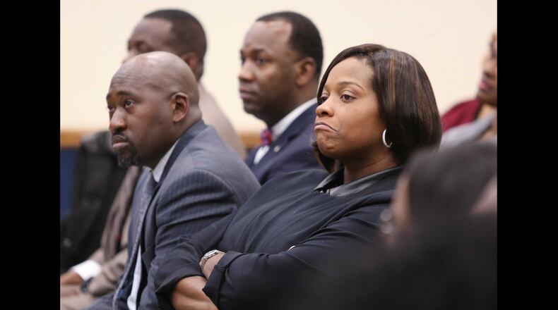 Tiffany Sellers is shown at a South Fulton City Council meeting on whether to fire the judge as head of the South Fulton Municipal Court system on Tuesday, March 19, 2019. Sellers is accused, in part, of mistreating staff. The council voted to fire her. EMILY HANEY / emily.haney@ajc.com
