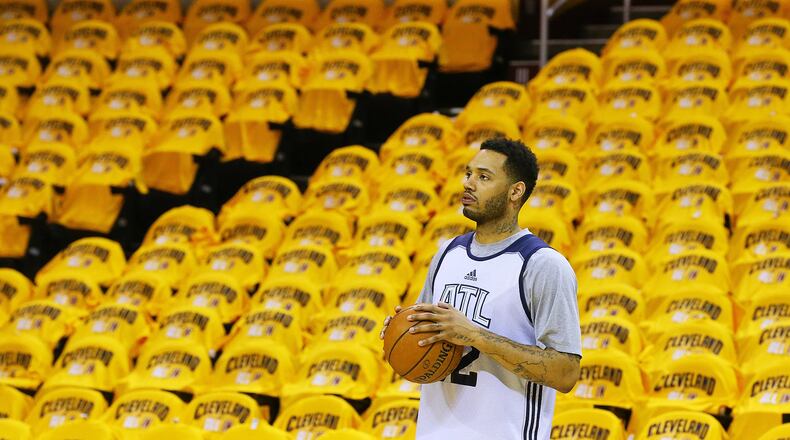 Hawks’ Mike Scott takes in Quicken Loans Arena during team shoot around in preparation for Game 4 against the Cavaliers in the Eastern Conference Finals on Tuesday, May 26, 2015, in Cleveland. Curtis Compton / ccompton@ajc.com
