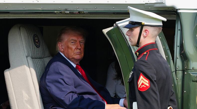President Donald Trump departs on Marine One after speaking at the United States Army War College in Carlisle, Pa., at the Pennsylvania Defense and Innovation Summit, Wednesday, July 15, 2026. (AP Photo/Julia Demaree Nikhinson)