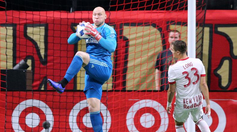 Atlanta United goalkeeper Brad Gazan blocks a shot on goal against the New York Red Bulls during a 3-0 victory in their Eastern Conference finals MLS soccer game on Sunday, Nov. 25, 2018, in Atlanta. Curtis Compton/ccompton@ajc.com