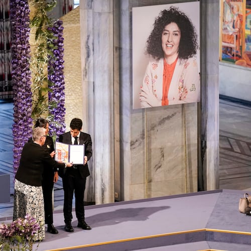 FILE - Ali and Kiana Rahmani receive the 2023 Nobel Peace Prize on behalf of their mother, imprisoned Iranian activist Narges Mohammadi, on Dec. 10, 2023, in Oslo, Norway. (Fredrik Varfjell//NTB Scanpix via AP, File)