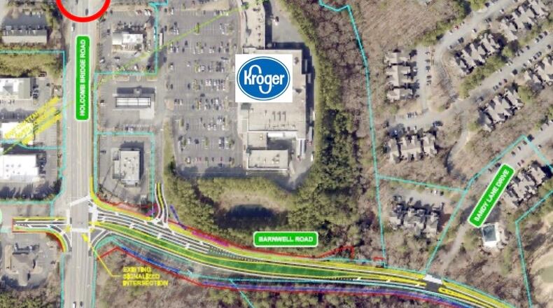 Johns Creek feels adding a traffic signal to the intersection of Ga. 140/Holcomb Bridge Road at South Holcomb Bridge Way/Kroger Driveway will provide motorists with safer entrance and exit from the busy Kroger shopping center. (Courtesy City of Johns Creek)