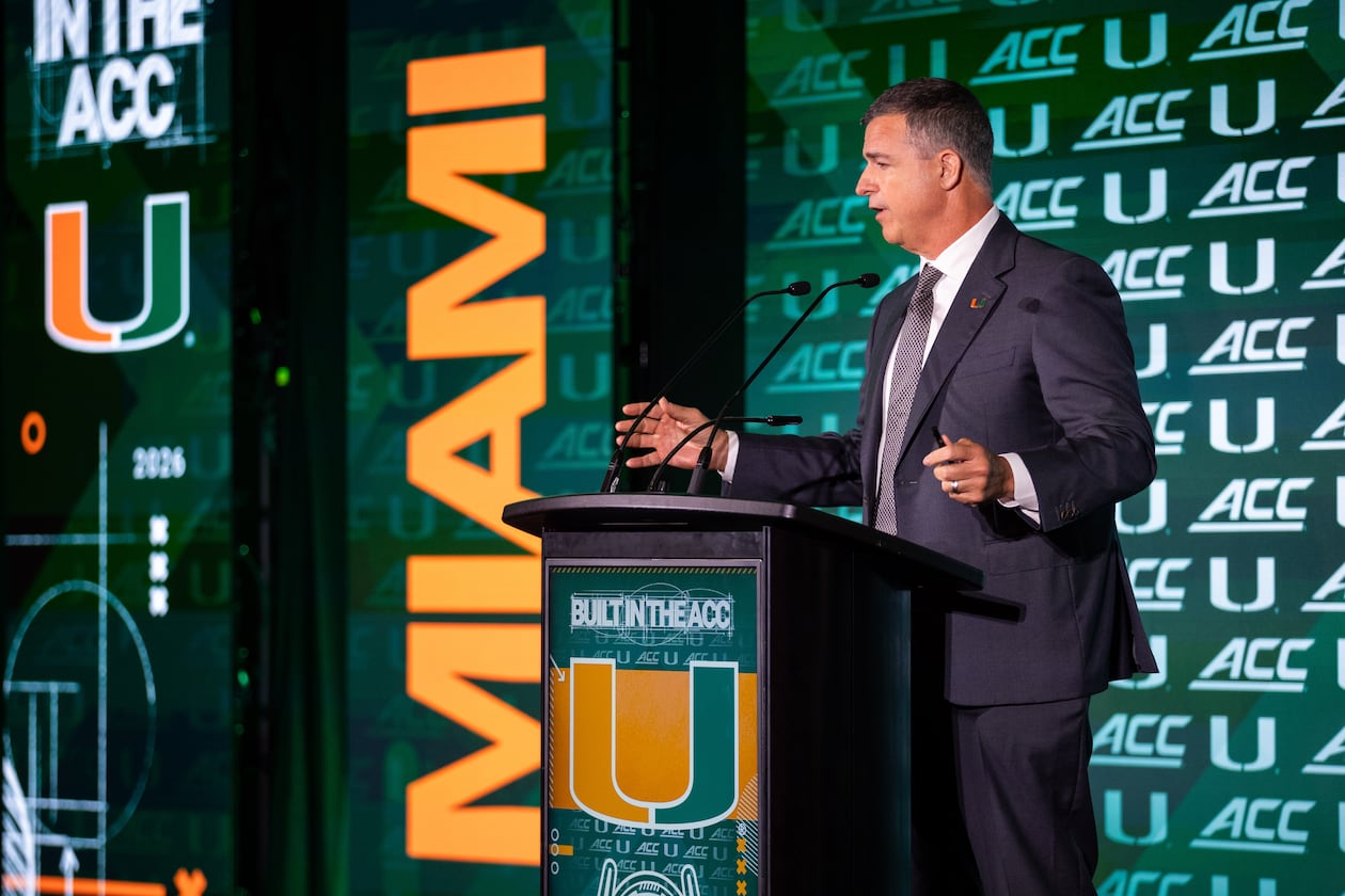 Miami head coach Mario Cristobal talks to the media during the 2026 ACC Football Kickoff at Hilton Charlotte Uptown in Charlotte, NC. (Scott Kinser/Cal Sport Media) (Cal Sport Media via AP Images)
