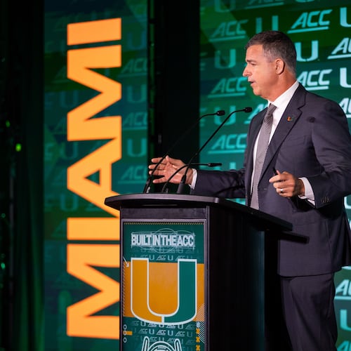 Miami coach Mario Cristobal talks to the media during the ACC Football Kickoff at Hilton Uptown Charlotte in Charlotte, N.C. (Scott Kinser/Cal Sport Media via AP Images)