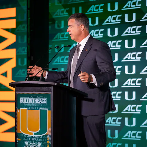 Miami head coach Mario Cristobal talks to the media during the 2026 ACC Football Kickoff at Hilton Charlotte Uptown in Charlotte, NC. (Scott Kinser/Cal Sport Media) (Cal Sport Media via AP Images)