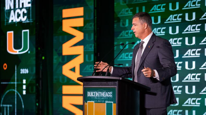 Miami head coach Mario Cristobal talks to the media during the 2026 ACC Football Kickoff at Hilton Charlotte Uptown in Charlotte, NC. (Scott Kinser/Cal Sport Media) (Cal Sport Media via AP Images)