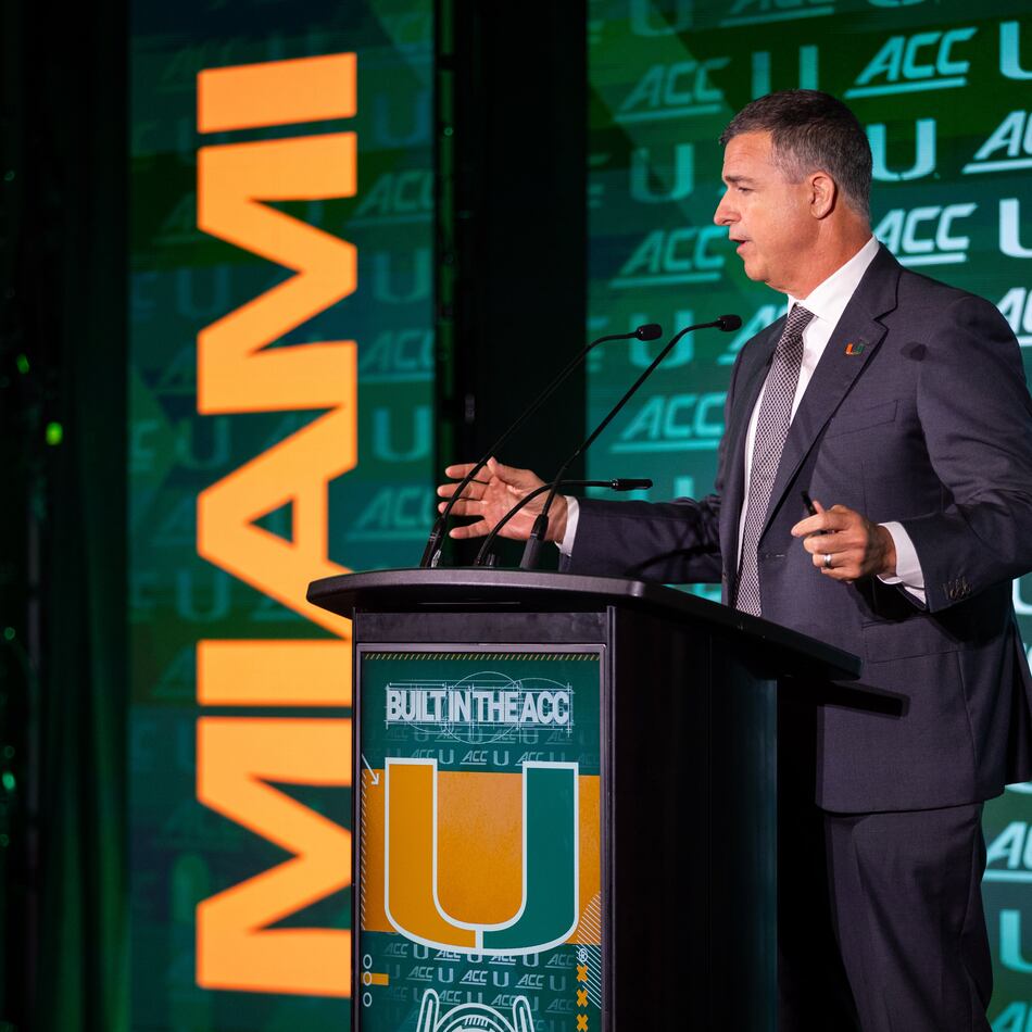 Miami coach Mario Cristobal talks to the media during the ACC Football Kickoff at Hilton Uptown Charlotte in Charlotte, N.C. (Scott Kinser/Cal Sport Media via AP Images)