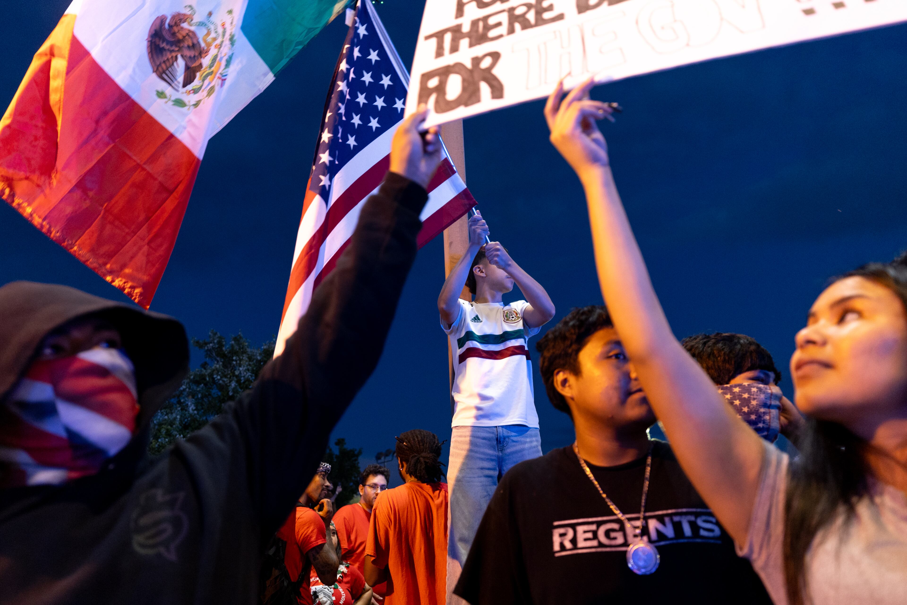 Demonstrators protest ICE raids and deportations on Buford Highway in Atlanta on Tuesday, June 10, 2025. (Arvin Temkar / AJC)
