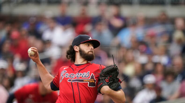 Atlanta Braves starting pitcher Ian Anderson (36) delivers against the Los Angeles Dodgers in the first inning of a baseball game Friday, June 4, 2021, in Atlanta. (AP Photo/Brynn Anderson)