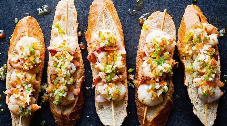 Ganba Brotxeta, shrimp kebab with pepper vinaigrette. SIMON BAJADA