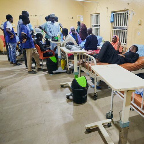 Patients receive treatment at a hospital in Damaturu after Nigerian Air Force strikes targeting jihadi rebels hit a local market Saturday in northeastern Nigeria, Sunday, April 12, 2026. (AP Photo/Micheal Abu)